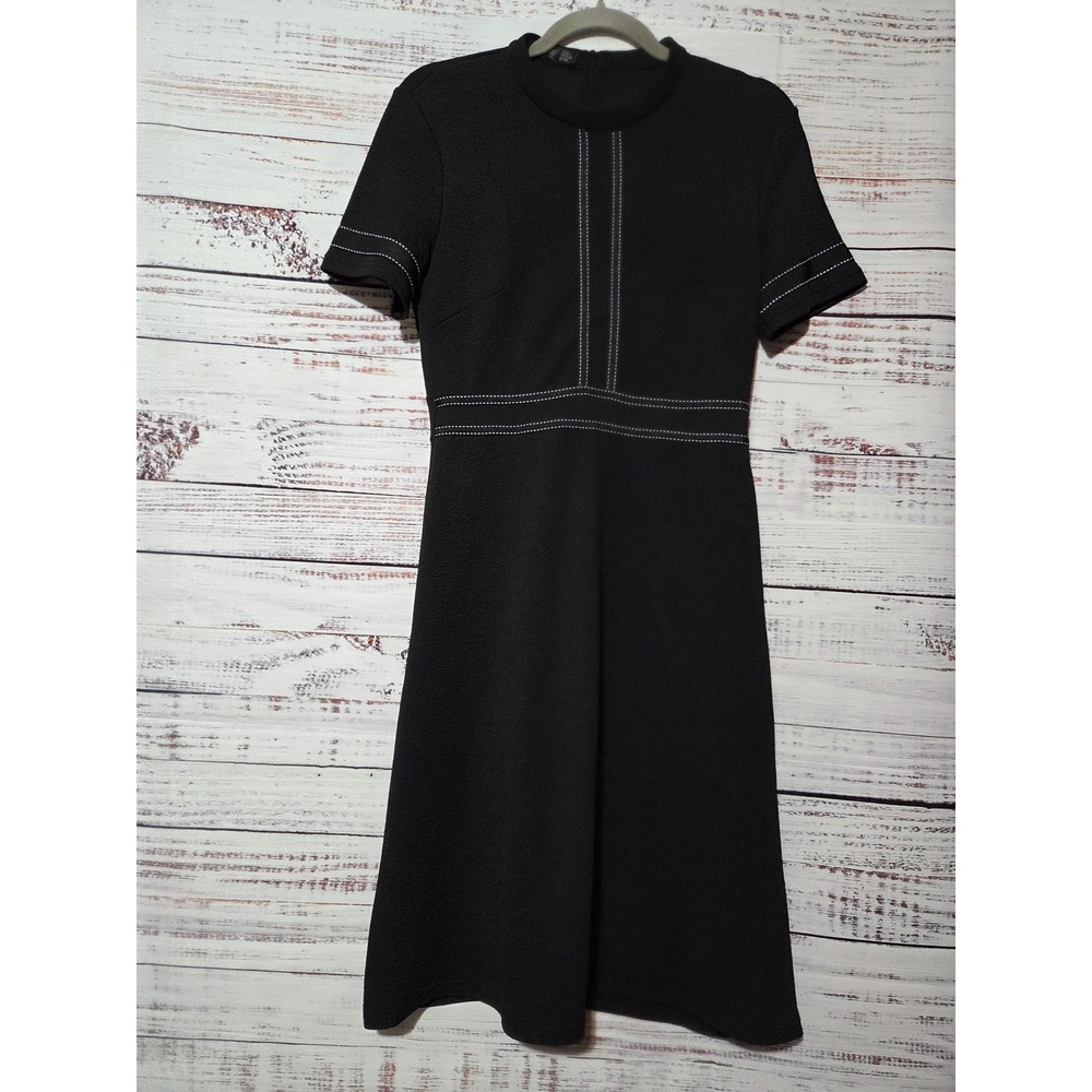 Homeyee Black Contrast Stitch Midi Dress Short Sleeve A-Line Size 6 M